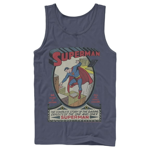 Men's Superman Vintage Daring Exploits Cover Tank Top Navy Blue X Large