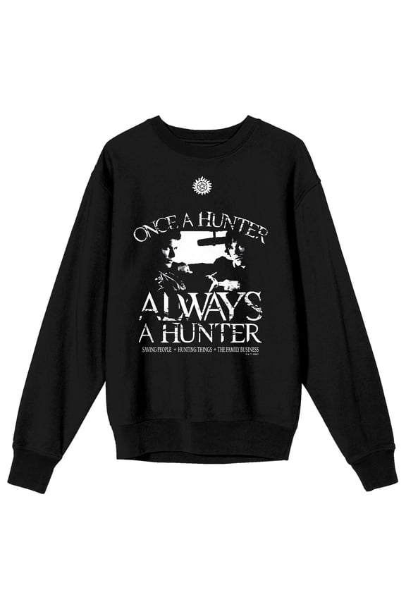 Supernatural Once a hunter always a hunter Dean and Sam silhouette logo on Black Long Sleeve Adult Crew neck-Large