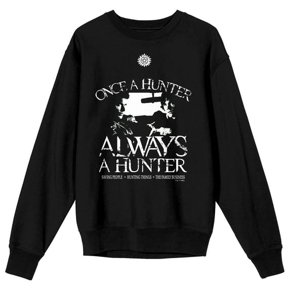 Supernatural Once a hunter always a hunter Dean and Sam silhouette logo on Black Long Sleeve Adult Crew neck-XXL