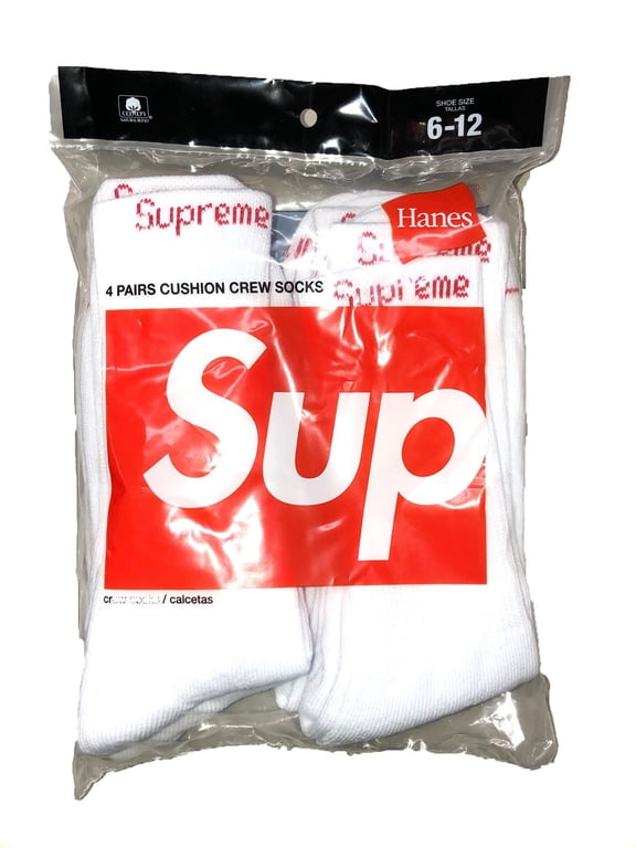 Men's Supreme Hanes Crew Socks 4 Pack, White, 6-12