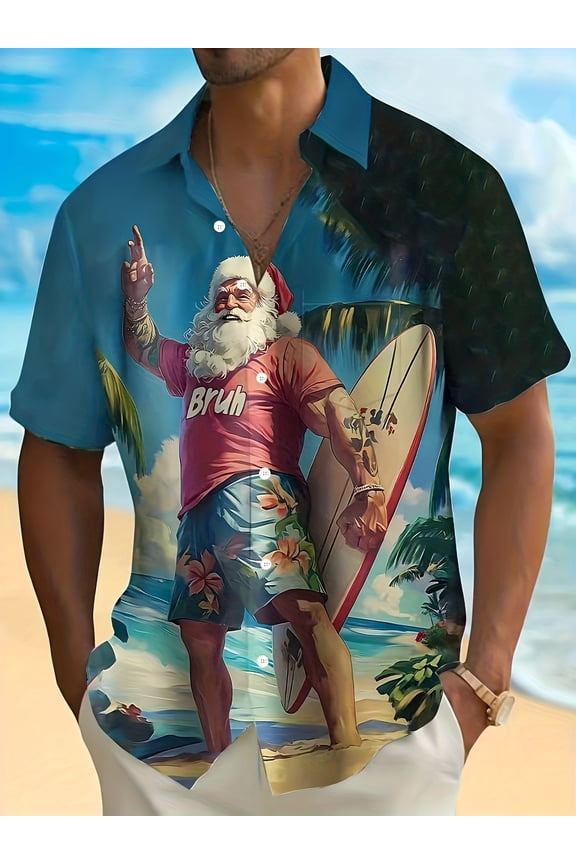 Men's Surf Santa Surf Shirt, Tropical Christmas Beach Party Outfit with Surf Santa and Surfboard Pattern - Short Sleeve Button Down Shirt, Machine Washable