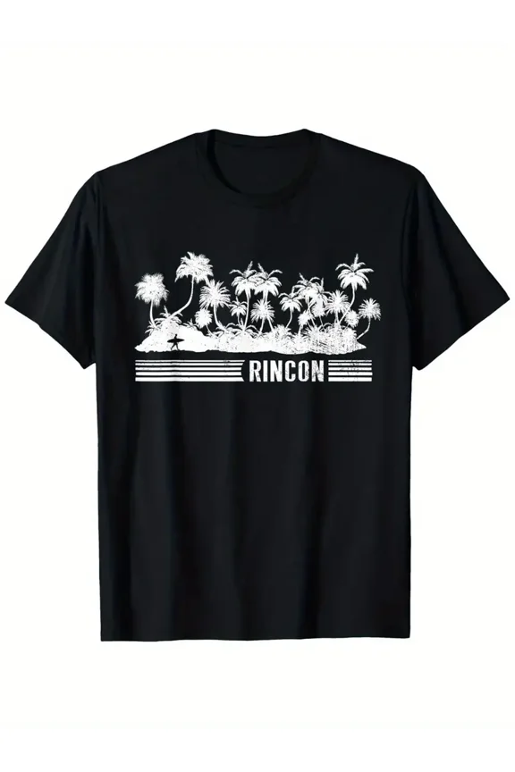 Men's Surfing Rincon Puerto Rico Graphic T-Shirt - Black with White Surf Design, Short Sleeve Casual Round Neck, Surf-Themed Beachwear for Surfing Enthusiasts, Rincon Puerto