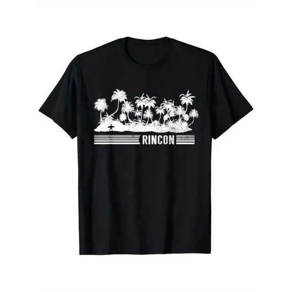 Men's Surfing Rincon Puerto Rico Graphic T-Shirt - Black with White Surf Design, Short Sleeve Casual Round Neck, Surf-Themed Beachwear for Surfing Enthusiasts, Rincon Puerto