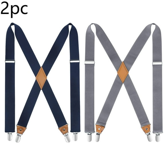 Men's Suspenders, with Heavy Duty Clip X-Back 1.4" Adjustable 2pc Elastic Suspenders Navy Blue Grey