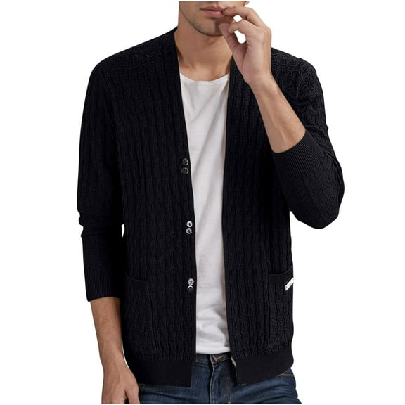 Men's Sweater Coat Long Sleeve Button Down Solid Knit Cardigan Outerwear with Pockets Black L