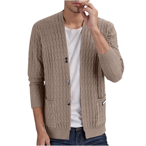 Men's Sweater Coat Long Sleeve Button Down Solid Knit Cardigan Outerwear with Pockets Coffee M