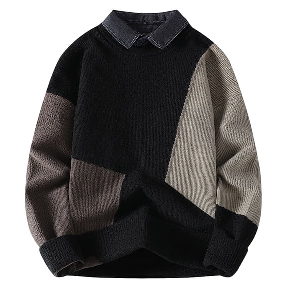 Men's Sweater Coat Winter Warm Thick Patchwork Color Block Shirt Collar Knit Pullover Casual Outwear