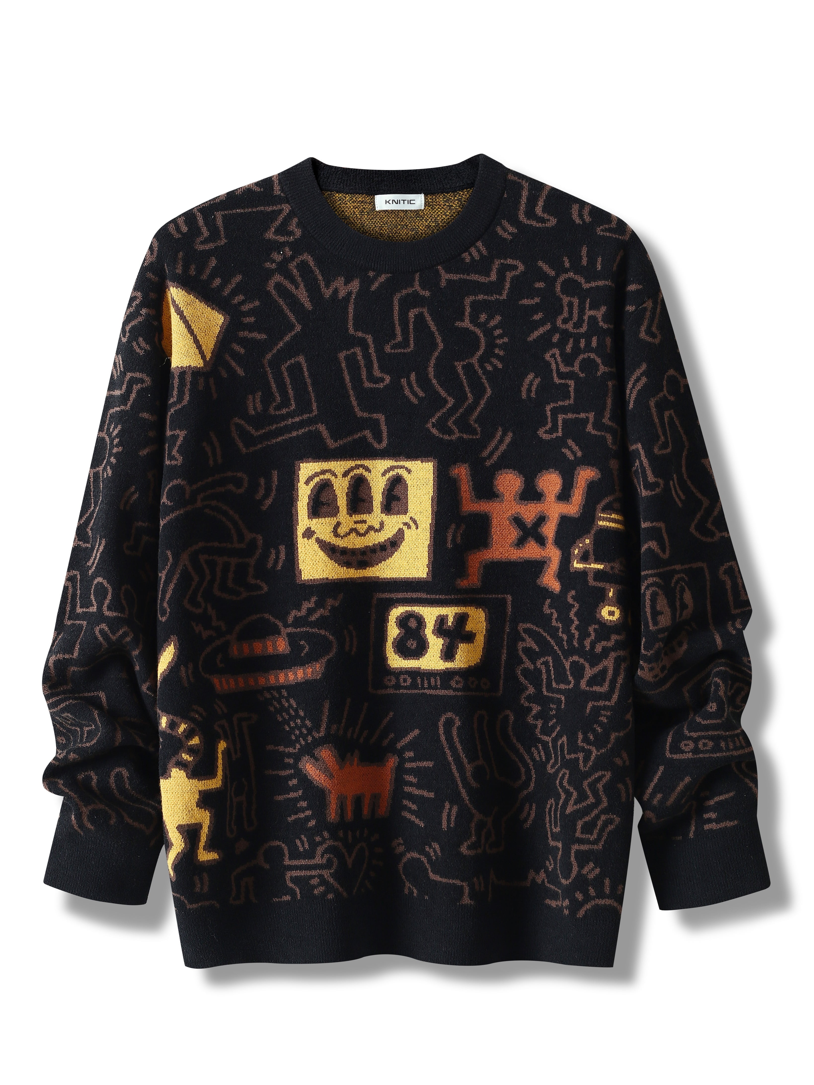 Graffiti Print Crew Neck Knit Sweater for Men
