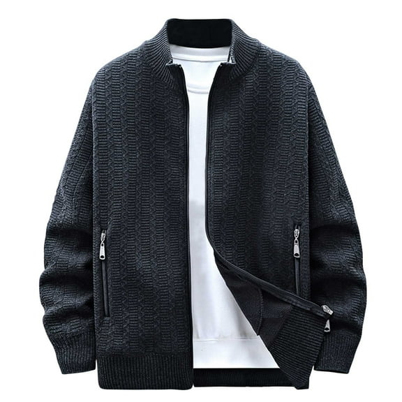 Men's Sweater Jackets Full Zip Hoodless Fall Winter Casual Knit Coat with Zipper Pockets Long Sleeve Outwear (2XL, Black)