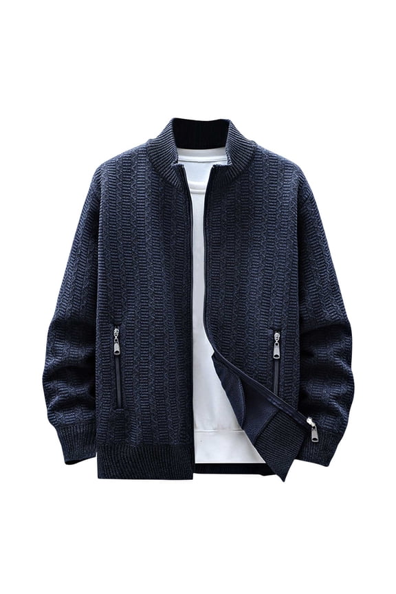 Men's Sweater Jackets Full Zip Hoodless Fall Winter Casual Knit Coat with Zipper Pockets Long Sleeve Outwear (2XL, Dark Blue)