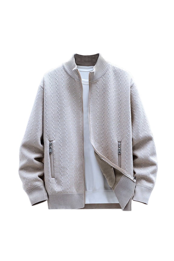 Men's Sweater Jackets Full Zip Hoodless Fall Winter Casual Knit Coat with Zipper Pockets Long Sleeve Outwear (XL, Beige)