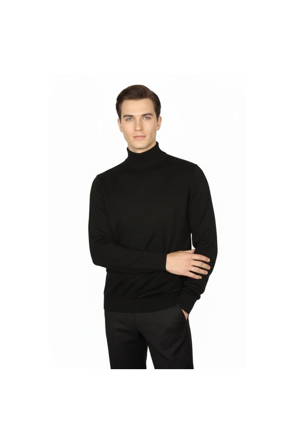 Men's Sweater Knit By BRANGO Turkey Mock Neck Cotton Blend 21050 Black