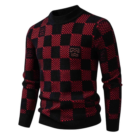 Men's Sweater Knitted Long Sleeve Ribbed Knit Elastic Checkered Letter Printed Warm Crew Neck Sweaters Top (L, Wine)