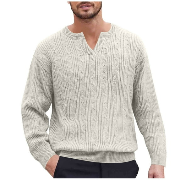 Men's Sweater Knitted V Neck Long Sleeve Casual Loose Elastic Jacquard Pullover Sweaters Tops with Ribbing Edge (3XL, Beige)