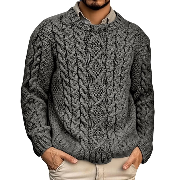 Men's Sweater Long Sleeve Casual Fall Winter Chunky Knit Crewneck Pullover Warm Sweater 2026 Dark Gray L