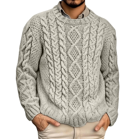 Men's Sweater Long Sleeve Casual Fall Winter Chunky Knit Crewneck Pullover Warm Sweater 2026 Light Gray M