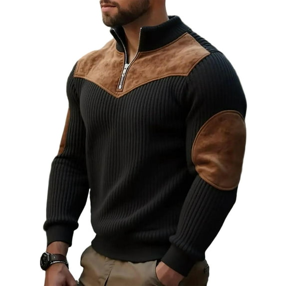 LWavelet Men's Ribbed Fabric Color Block Quarter Zip Pullover - Elbow Patches Casual Fall Winter Top Black 2XL