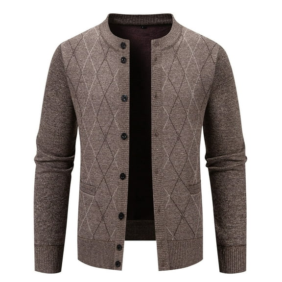 Men's Sweater Long Sleeve Crewneck Solid Cable Knit Button Down Cardigan Outerwear with Pockets Coffee L