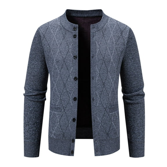 Men's Sweater Long Sleeve Crewneck Solid Cable Knit Button Down Cardigan Outerwear with Pockets Dark Gray L