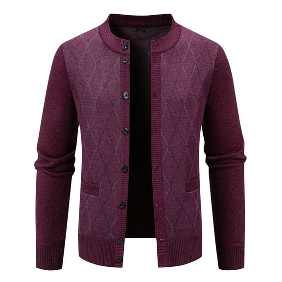 Men's Sweater Long Sleeve Crewneck Solid Cable Knit Button Down Cardigan Outerwear with Pockets Wine L