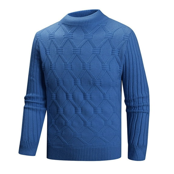Men's Sweater Long Sleeve Mock Neck Striped Solid Knit Vintage Elasticity Pullover Top Blue M
