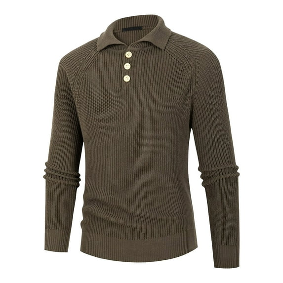 Men's Sweater Long Sleeve Quarter Button Stand Collar Solid Chunky Knit Pullover Tops Olive Green M