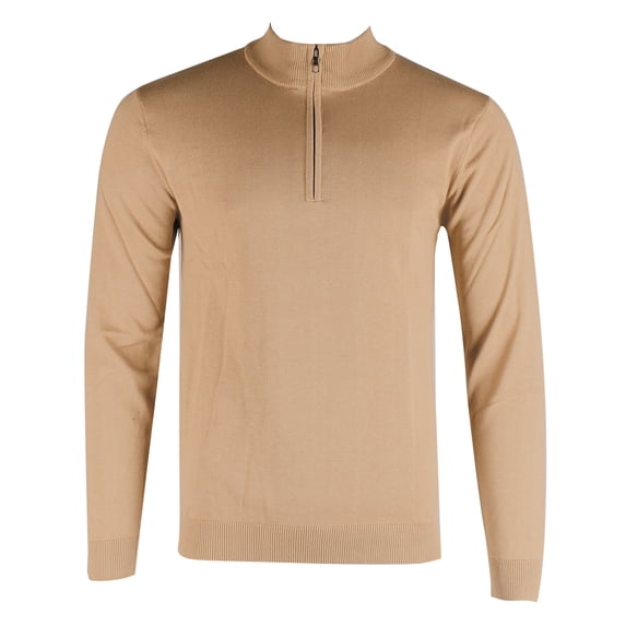 Men's Sweater Long Sleeve Quarter Zip Up Mock Neck Cotton Blend Pullover Top, Wheat, M