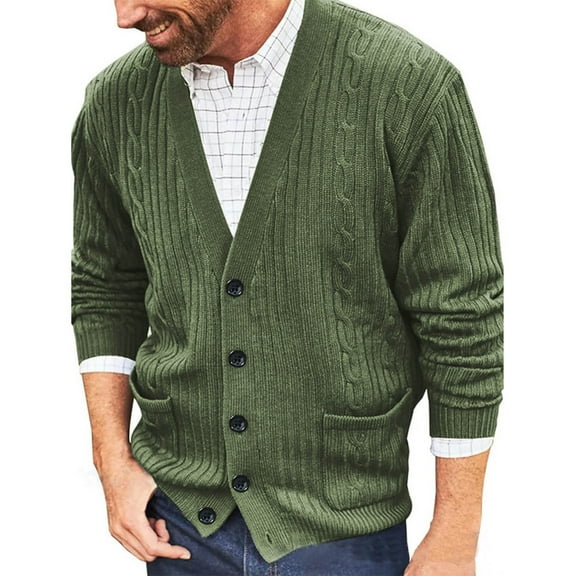 Men's Sweater Long Sleeve V Neck Button Down Solid Ribbed Knit Top with Pockets Green S