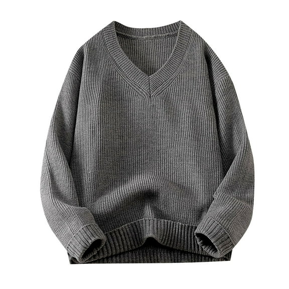 Men's Sweater Long Sleeve V Neck Solid Ribbed Cable Knit Soft Pullover Top Gray L
