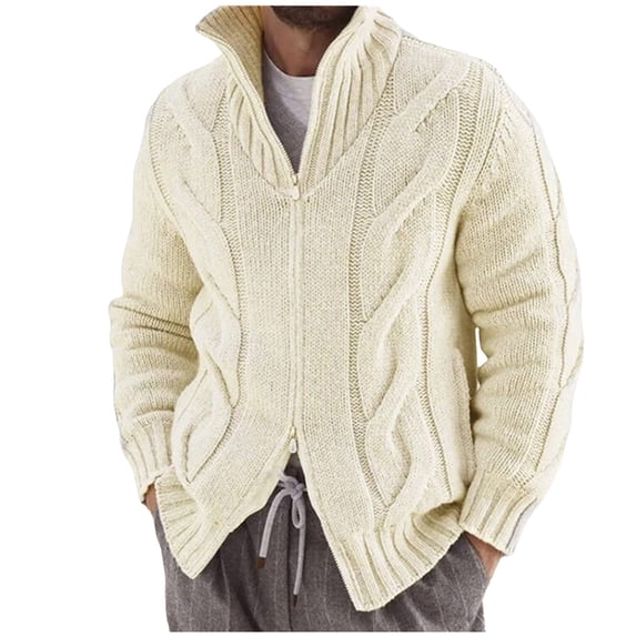 Men's Sweater Long Sleeve Zip Up Stand Collar Textured Cable Knit Cardigan Jacket Beige L