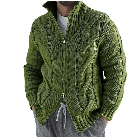 Men's Sweater Long Sleeve Zip Up Stand Collar Textured Cable Knit Cardigan Jacket Green L