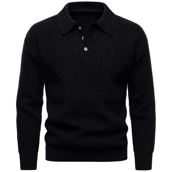 Men's Sweater Polo Shirt, Long Sleeve Knitted Polo Sweaters Fall Winter Warm Knit Pullover Sweatshirts Tops Black M