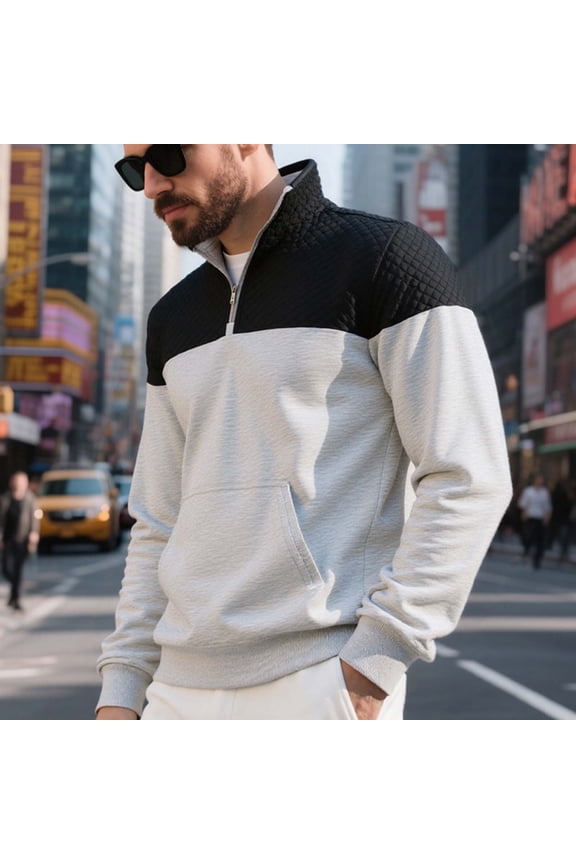 Men's Sweater Quarter Zip Pullover Fall Winter Spring Color Block Polo Sweatshirts Gray L