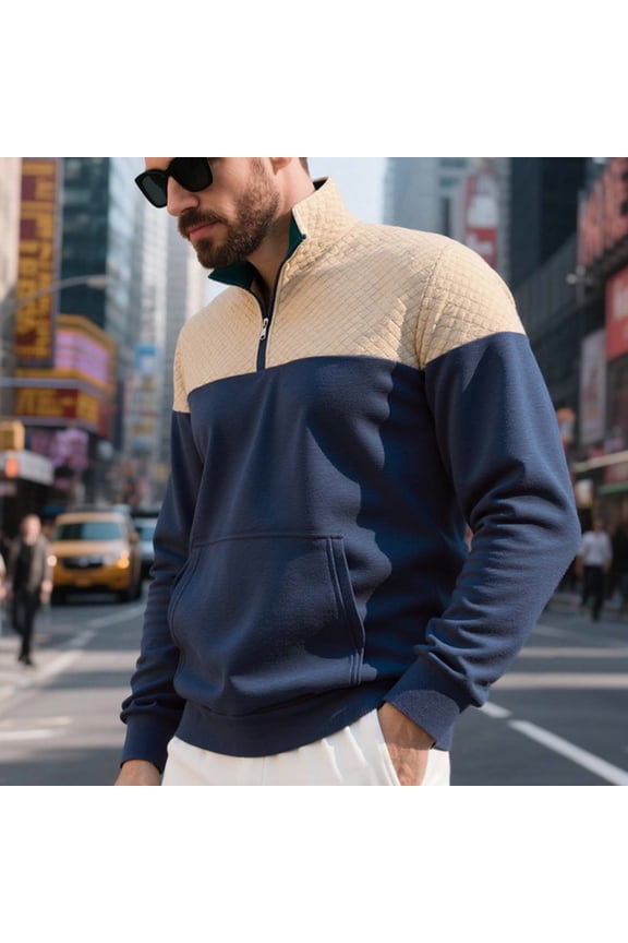 Men's Sweater Quarter Zip Pullover Fall Winter Spring Color Block Polo Sweatshirts Navy S