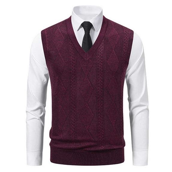 Men's Sweater Vest Ribbed Knitted Sleeveless V Neck Pullover Tank Wine L