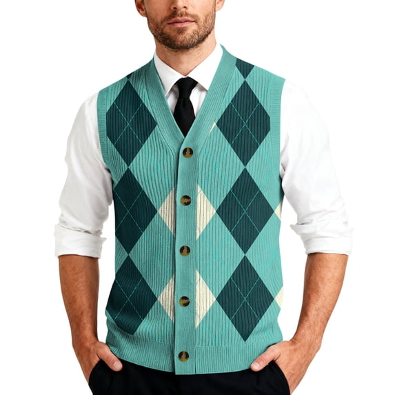 Men's Sweater Vest V Neck Button Down Sleeveless Cardigan Argyle Sweater Vest