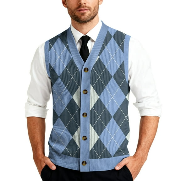 Men's Sweater Vest V-Neck Sleeveless Argyle Sweater Cardigan Loose Button up Knitted Fall Winter Knitwear