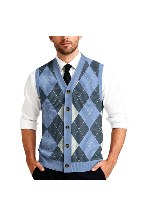 Men's Sweater Vest V-Neck Sleeveless Argyle Sweater Cardigan Loose Button up Knitted Fall Winter Knitwear
