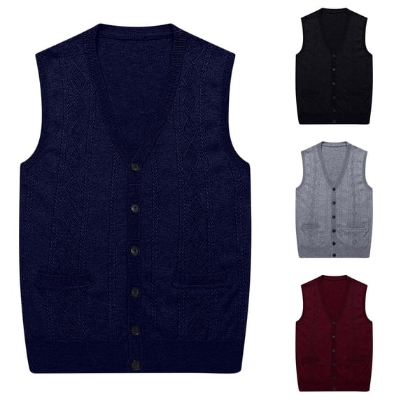 Men's Sweater Vest V-Neck Sleeveless Cardigan Loose Fit Button up Knitted Fall Winter Heavy Knitwear with Pockets Big and Tall Size M-4XL Wine