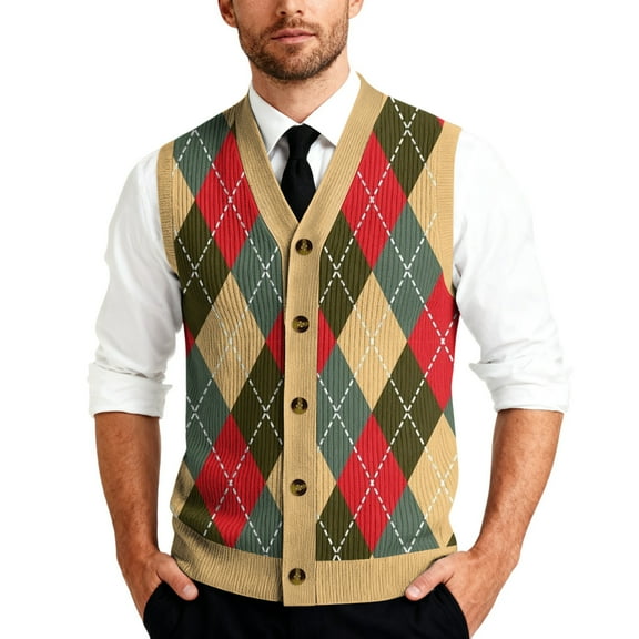 Men's Sweater Vest V-Neck Sleeveless Knitted Cardigan Big and Tall Argyle Sweater Vest