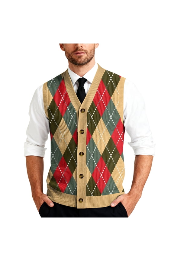 Men's Sweater Vest V-Neck Sleeveless Knitted Cardigan Big and Tall Argyle Sweater Vest