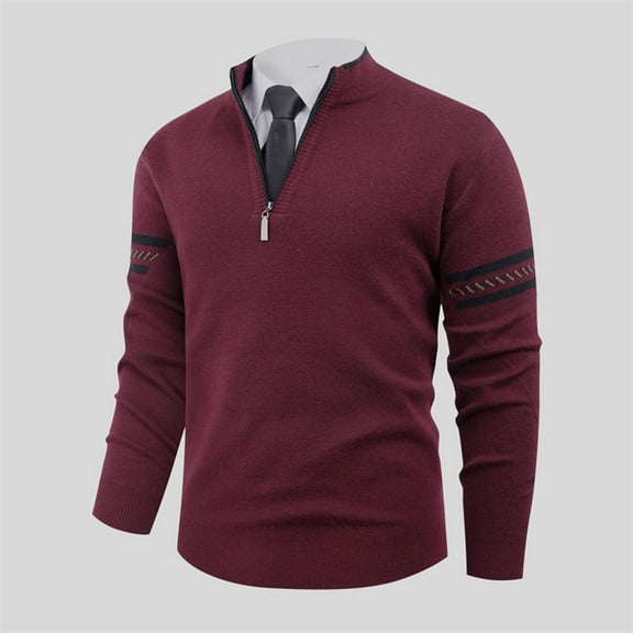 Men's Sweaters 1/4 Zip Long Sleeve Stand Collar Kintted Stretch Pullover Sweater Striped Fall Winter Warm Sweatshirts (M, Wine)
