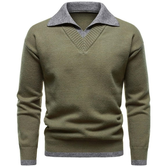 Men's Sweaters Autumn and Winter Men's Contrast Color Lapel Fake Two-Piece Sweater Simple Knitted Cardigan Army Green XXXL