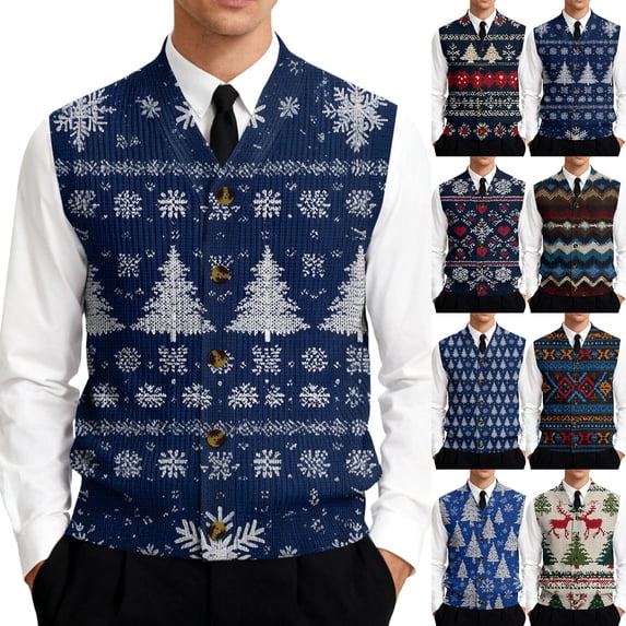 Men's Sweaters Christmas Print V Neck Sweater Sleeveless Vest Knit Pullover Casual Layering Vests for Men Blue XL