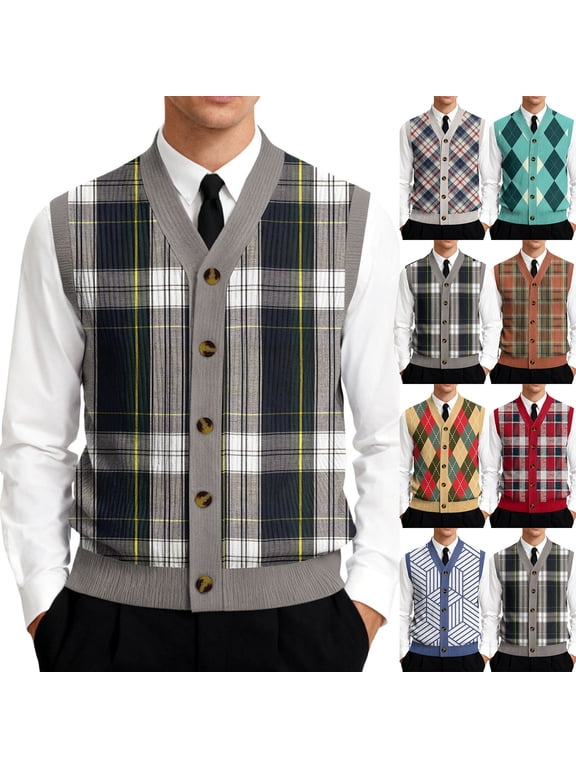 Men's Sweaters Plaid V Neck Sweater Sleeveless Vest Knit Pullover Casual Layering Vests for Men Casual Tops
