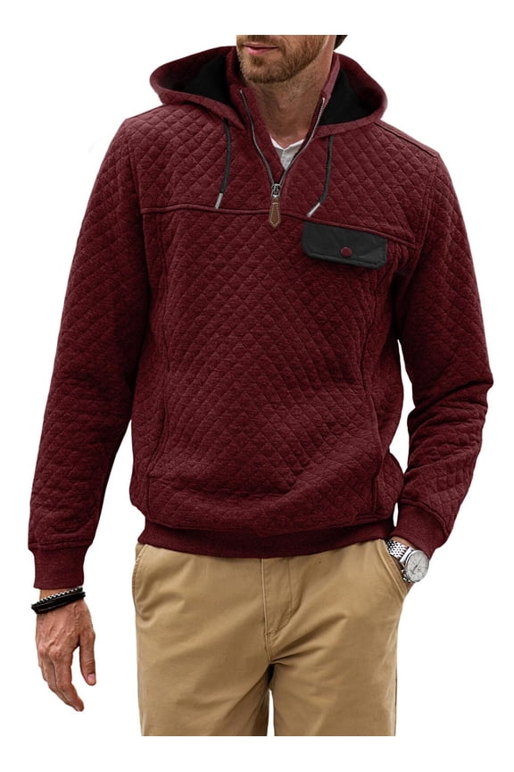 Men's Sweaters Quilted Hoodies Casual Fall Shirts Long Sleeve Drawstring Quarter-Zip Pullover Sweatshirt with Pockets, XL