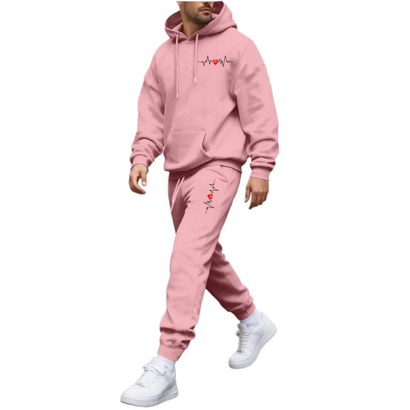 Men's Sweatpant Sets 2 Piece Hoodie Sweatsuits Love Heart Printed Valentines Day Suits Casual Jogging Outfits (M, Pink #A)