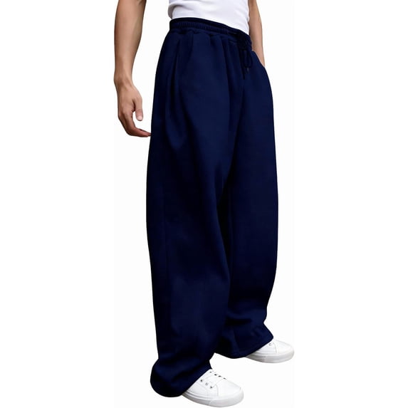 Men's Sweatpants Baggy Heavyweight Wide Leg Drawstring Sweat Pants Casual Lounge Mens Joggers with Pockets Slacks,Navy Blue,S