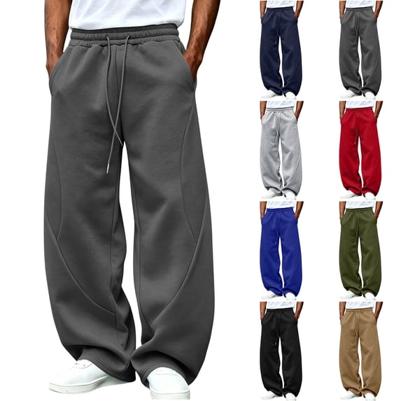 Men's Sweatpants Elastic Waist Drawstring Wide Leg Curved Seam Design Loose Straight Leg Draped Casual Streetwear Solid Color long Pockets Pants