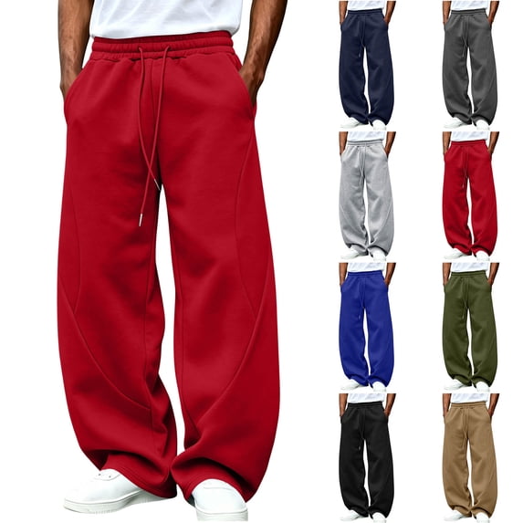 Men's Sweatpants Elastic Waist Drawstring Wide Leg Curved Seam Design Loose Straight Leg Draped Casual Streetwear Solid Color long Sweatpants with Side Pockets